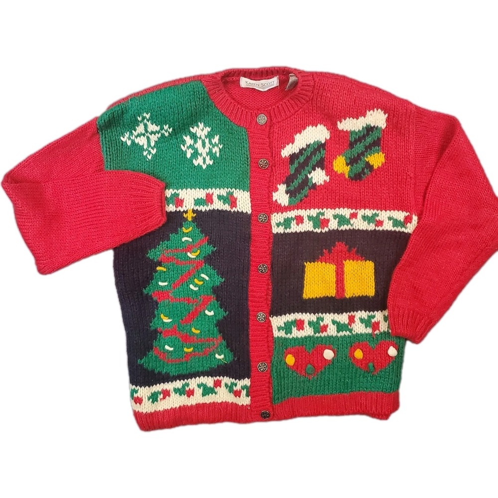 Karen‎ Scott Red Christmas Cardigan Sweater Size M Tree Present Stocking Snow